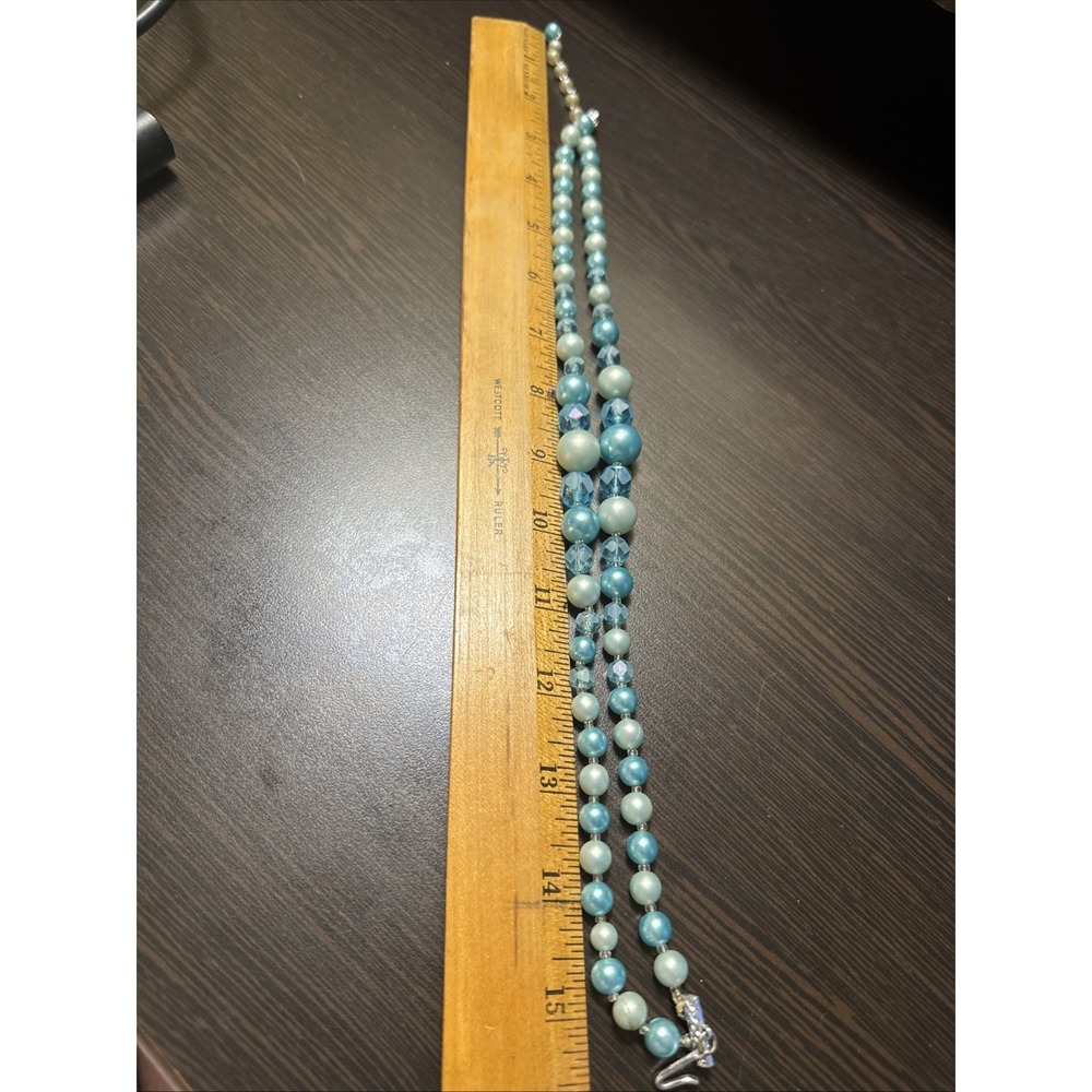 Vintage Japan Double Strand Blue Faux Pearl Faceted Bead Necklace J-Hook Clasp - Picture 6 of 8